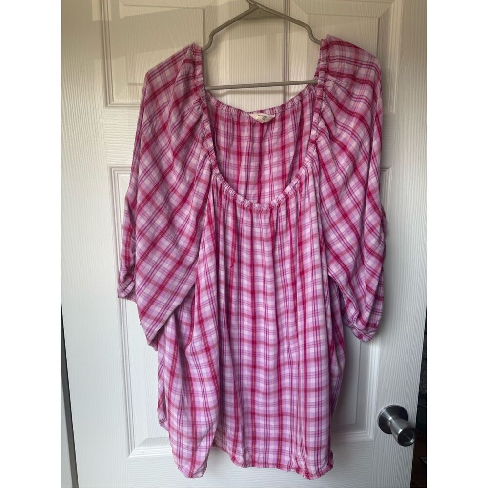 Terra & Sky Blouse 3XL Women's Pink Purple Red Plaid Valentine's Day Spring Love